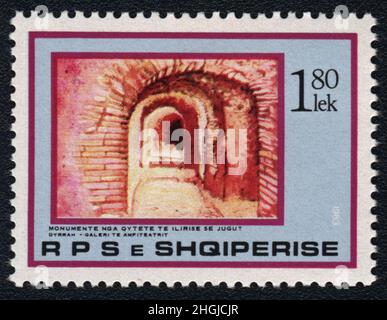 Timbres-poste Shqiperise.Amphithéâtre romain de la ville de Durrës, Albanie.Histoire de l'Albanie.Monuments des villes du sud de l'Illyrien Banque D'Images