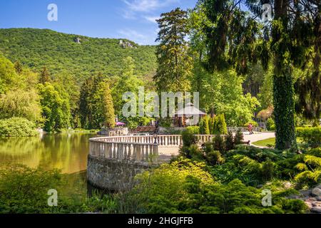 Parc avec un lac dans la ville thermale de Rajecke Teplice en Slovaquie, Europe. Banque D'Images