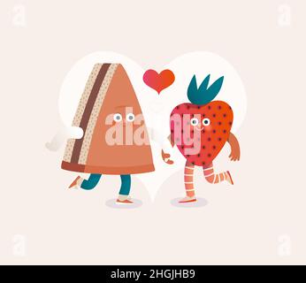 Parfait couple -motifs de la Saint-Valentin.Illustration moderne de concept de vecteur plat - un morceau de gâteau court et une fraise dans l'amour, tenant leurs mains.Personnages adorables en amour, concept parfait assorti Illustration de Vecteur