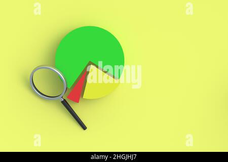 Graphique circulaire près de la loupe.Concept d'analyse de marché.Analyse d'entreprise.Rapport de croissance et de baisse des bénéfices.Comptabilité.Indicateurs statistiques.Rés. Budget Banque D'Images