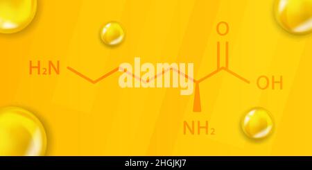 Formule chimique de la lysine.Lysine 3D structure moléculaire chimique réaliste Illustration de Vecteur