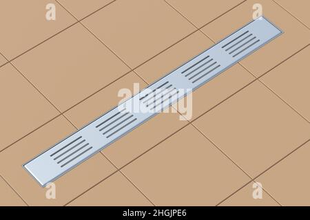 Long drain de douche rectangulaire avec grille en acier inoxydable dans la salle de bains au sol avec carreaux de céramique.3d rendu Banque D'Images