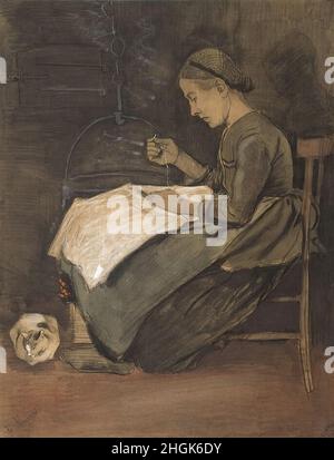 Femme couture et dessin de chat - 1881 - acquerello e gessetto bianco e nero su carta vergata 59,3 x 45,2 cm - Van Gogh Vincent Banque D'Images