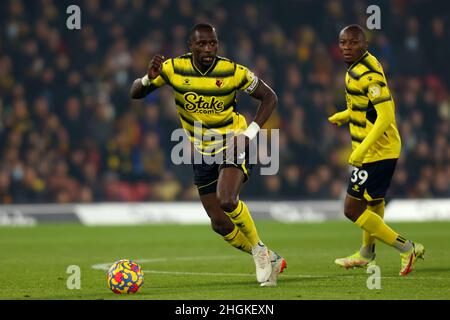 Londres, Royaume-Uni.21st janvier 2022.21st janvier 2022 : Vicarage Road, Watford, Herts, Angleterre ; Premier League football,Watford versus Norwich City; Moussa Sissoko de Watford Credit: Action plus Sports Images/Alay Live News Banque D'Images