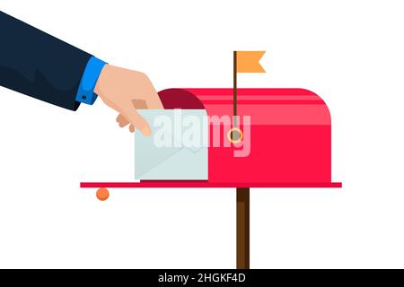 Homme d'affaires insère la lettre dans la boîte aux lettres.Main humaine sortant l'enveloppe de la boîte postale.Réception de correspondance postale.Illustration du vecteur eps Illustration de Vecteur