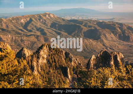 Les montagnes Sandia couvertes de forêt au crépuscule, Albuquerque, Nouveau-Mexique Banque D'Images