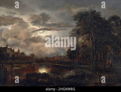 Paysage au clair de lune avec pont - 1648 50 - huile sur bois 78,4 x 110,2 cm - Van der Neer Aert Banque D'Images