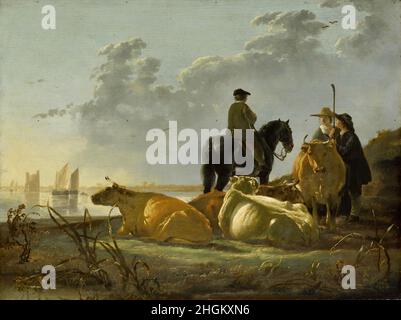 Les paysans et le bétail au bord de la rivière Merwede - 1658 60 - huile sur bois di quercia 38,1 x 50,8 cm - Cuyp Aelbert Banque D'Images