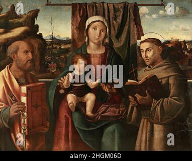 Madonna col Bambino tra i Santi Pietro e Francesco d'Assise - 1514c.- olio su tavola 118 x 92 cm - Solario Antonio Banque D'Images