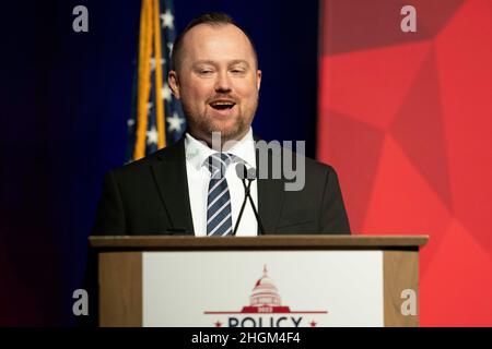 Austin, États-Unis.21st janvier 2022.Greg Sindelar, PDG de la Texas public Policy Foundation, parle de la mission du groupe qui lutte contre la Maison-Blanche de Biden lors de la conférence politique annuelle de TPPF.©Bob Daemmrich Banque D'Images