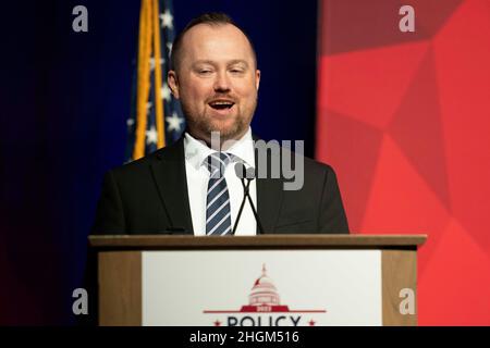 Austin, Texas, États-Unis.21st janvier 2022.Le PDG de la Texas public Policy Foundation, GREG SINDLEAR, parle de la mission du groupe qui lutte contre la Maison-Blanche de Biden lors de la conférence politique annuelle de TPPF à Austin.(Credit image: © Bob Daemmrich/ZUMA Press Wire) Credit: ZUMA Press, Inc./Alamy Live News Banque D'Images