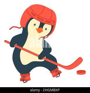 Les pingouins jouent au hockey sur glace en hiver.Hockey pour enfants.Concept de sport pour enfants Illustration de Vecteur