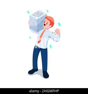 Plat 3D Isométrique heureux homme d'affaires en bonne santé portant pile de document sur son épaule.Concept efficace et efficace au travail. Illustration de Vecteur