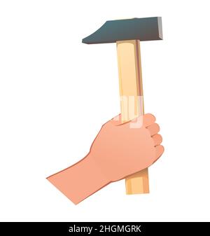 Main droite avec marteau universel classique pour différents types de travail.Objet isolé sur fond blanc.Style de dessin animé amusant.Vecteur. Illustration de Vecteur