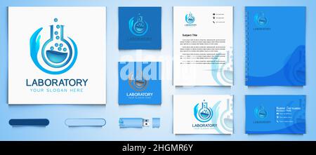 Tube en verre, logo Lab Care et modèle de marquage professionnel modèles inspiration isolé sur fond blanc Illustration de Vecteur