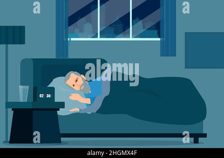 Vecteur d'un homme âgé souffre d'insomnie couché dans le lit regardant le réveil Illustration de Vecteur