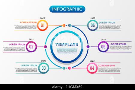 Scénario de diagramme infographique de la chronologie et icônes d'entreprise utilisés pour le graphique, le rapport annuel, la conception Web, la mise en page du flux de travail.Concept commercial en 6 étapes, en option Illustration de Vecteur