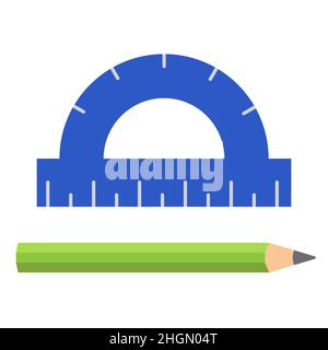 Rapporteur et crayon, papeterie pour élèves et étudiants.Fournitures scolaires et universitaires.Illustration vectorielle de style plat.Retour à Illustration de Vecteur