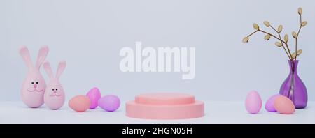 Bannière.3D illustration du décor de Pâques.Oeufs de Pâques, lapins, un vase aux branches aux couleurs pastel.Place pour votre texte.Arrière-plan de maquette. Banque D'Images