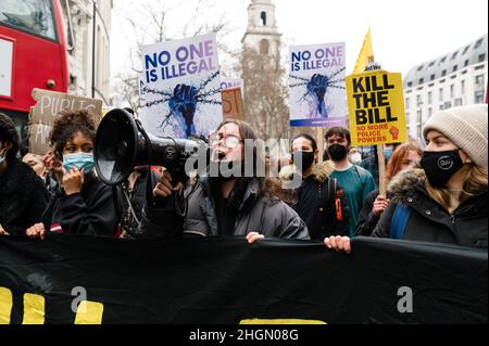 Londres, Royaume-Uni.15 janvier 2022.Protestation contre le projet de loi sur la police, la criminalité, la peine et les tribunaux (PCSC) et le projet de loi sur la nationalité et les frontières (NBB) du gouvernement Banque D'Images