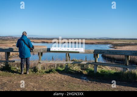 Visiteur regardant la vue sur la réserve naturelle des marais de Farlington lors d'une journée d'hiver ensoleillée, Hampshire, Angleterre, Royaume-Uni, avec un panneau d'information Banque D'Images