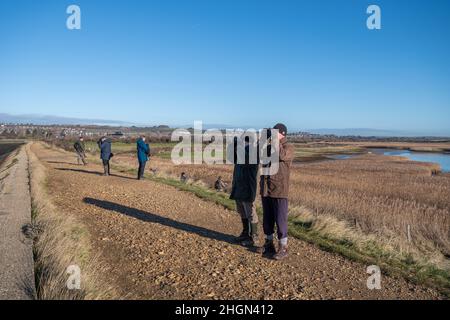 Ornithologues et photographes à la réserve naturelle de Farlington Marshes lors d'une matinée hivernale ensoleillée, Hampshire, Angleterre, Royaume-Uni Banque D'Images