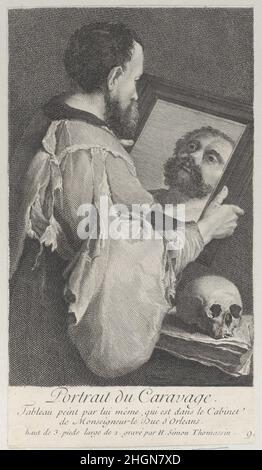 Portrait du Caravaggio, tourné à droite et regardant sa réflexion dans un miroir 1707–41 Henri Simon Thomassin.Portrait du Caravaggio, tourné vers la droite et regardant son reflet dans un miroir.Henri Simon Thomassin (français, Paris 1687–1741).1707–41.Gravure.Imprime Banque D'Images