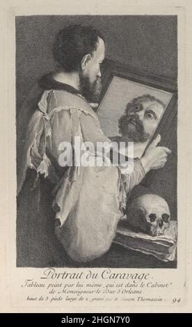 Portrait du Caravaggio, tourné à droite et regardant sa réflexion dans un miroir 1707–41 Henri Simon Thomassin.Portrait du Caravaggio, tourné vers la droite et regardant son reflet dans un miroir.Henri Simon Thomassin (français, Paris 1687–1741).1707–41.Gravure.Caravaggio (Michel-Ange Merisi) (Italien, Milan ou Caravaggio 1571–1610 Porto Ercole).Imprime Banque D'Images