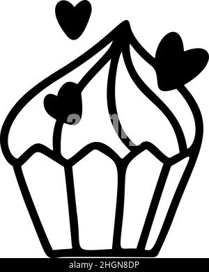 Cupcake valentine cakes cheesecakes avec décor crème et coeurs.Dessin vectoriel dessin dessin artistique ligne noire avec silhouette de dessin.Pages de coloriage Illustration de Vecteur