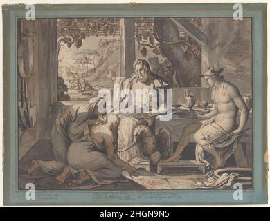 Jupiter et Mercure se révèlent à Philemon et Baucis 1809 Elie-Honoré Montagny ce dessin illustre l’histoire de Baucis et Philemon, qui est tirée des métamorphies d’Ovid (VIII,611).Son thème central est la vertu de l'hospitalité.Jupiter et Mercury, déguisés, sont détournés de chaque maison du village avant que le couple âgé les invite et leur offre de partager leur petit repas.Montagny ne montre pas les dieux dans le déguisement, mais illustre plutôt le moment où la divinité des invités est révélée au couple.À leur mort, ils ont été transformés en une paire d'Inte Banque D'Images