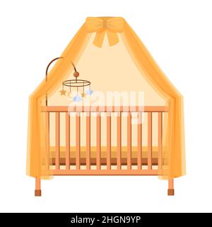 Lit bébé, berceau en couleurs mobilier pour enfants chambre isolée sur fond blanc dans un style plat avec illustration mobile à accrocher. Illustration de Vecteur