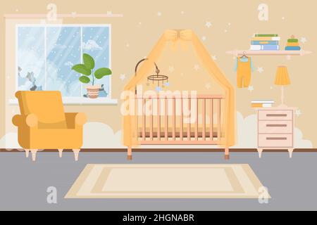 Chambre élégante, moderne et confortable pour bébé, intérieur de la chambre.Lit bébé, chaise, table et étagère.Mur avec décorations..Illustration vectorielle Illustration de Vecteur