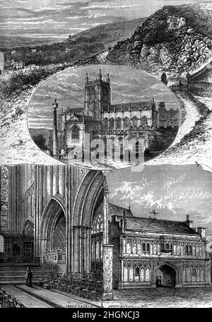 Illustration en noir et blanc ; vues à Malvern : Église du Prieuré de Malvern et cicatrice Rock, collines de Malvern ; 19th siècle Banque D'Images