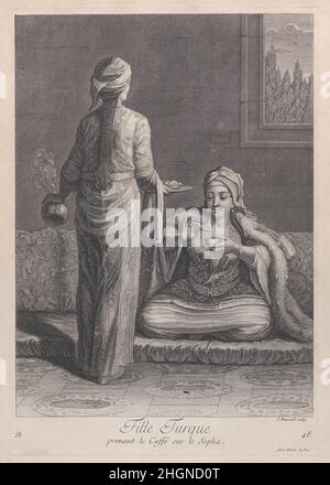 Fille Turque, avant le Caffé sur le SOPHA 1714–15 après Jean Baptiste Vanmour.Fille Turque, avant le Caffé sur le SOPHA.Planche 48; de 'Recueil de cent estampes represent differentes nations du Levant'.Après Jean Baptiste Vanmour (français, Valenciennes 1671–1737 Istanbul (Constantinople)).1714–15.Gravure et gravure.Jacques le Hay.Imprime Banque D'Images