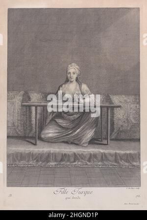 Fille Turque, qui brode 1714 à 15 après Jean Baptiste Vanmour.Fille Turque, qui brode.Planche 52; de 'Recueil de cent estampes represent differentes nations du Levant'.Après Jean Baptiste Vanmour (français, Valenciennes 1671–1737 Istanbul (Constantinople)).1714–15.Gravure et gravure.Jacques le Hay.Imprime Banque D'Images
