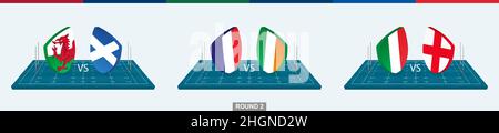 Équipe de rugby pays de Galles contre Ecosse, France contre Irlande, Italie contre Angleterre sur terrain de rugby, équipes de rugby de championnat. Illustration de Vecteur