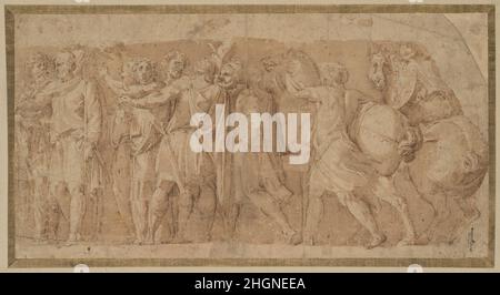 Frise avec des figures masculines et deux chevaux mi-16th siècle après Polidoro da Caravaggio italien le dessin représente une partie de l'histoire de Tarquinius, le roi légendaire de Rome au sixième siècle av. J.-C., et Attus, l'augur (un officiel qui foretell des événements à travers des omens).La composition a été copiée de la façade peinte d'un palais romain (Casa Boniauguri), exécuté par Polidoro da Caravaggio, un élève de Raphaël qui était célèbre pour de telles œuvres.Cette feuille fait partie d'un groupe de dessins et de gravures (y compris 1975,1.406) qui représentent diverses parties de la peinture perdue et, ensemble, aident à Banque D'Images