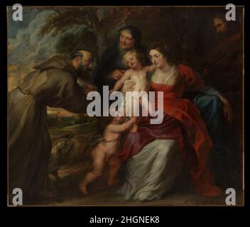 La Sainte famille avec les Saints Francis et Anne et le bébé Saint Jean-Baptiste début ou mi-1630s Peter Paul Rubens Flamand Saint Francis extatique adore le bébé Christ, qui apparaît dans cette vision chaleureuse avec la Vierge Marie et sa mère, Sainte Anne, un Saint Joseph sous-dué,Et un jeune joueur Saint-Jean-Baptiste.Rubens a apporté un certain nombre de modifications au cours des travaux sur la peinture, intensifiant le mouvement impétueux du frère et révisant la pose de la Vierge d’un profil formel à une expansion occasionnelle.Le goût américain était lent à embrasser l'émotionalisme exubérant Banque D'Images