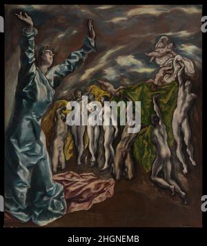 La vision de Saint John ca.1608–14 El Greco (Domenikos Theotokopoulos) grec le tableau est un fragment d'un grand retable commandé pour l'église de l'hôpital Saint Jean-Baptiste de Tolède.Il dépeint un passage dans la Bible, Apocalypse (6:9-11) décrivant l'ouverture du Cinquième Sceau à la fin des temps, et la distribution de robes blanches à ceux qui avaient été tués pour l'oeuvre de Dieu et pour le témoignage qu'ils avaient porté.La partie supérieure manquante peut avoir montré l'agneau sacrificiel ouvrant le cinquième joint.La toile était une œuvre emblématique pour les artistes du XXe siècle et Pica Banque D'Images