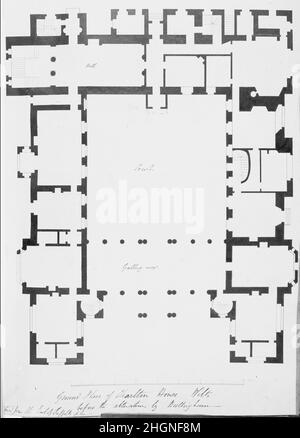 Plan du rez-de-chaussée, Charlton House, Wiltshire avant 1772 Matthew Brettingham, le plus jeune britannique.Plan du rez-de-chaussée, Charlton House, Wiltshire. Avant 1772.Stylo et encre noire, brosse et lavage gris Banque D'Images