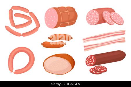 Collection de produits de viande de dessins animés saucisses et frankfurter.Illustration de la viande et du repas vectoriels, salami et frankfurter, bœuf fumé Illustration de Vecteur