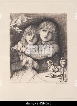 Les Babes dans le Bois 1880 Sir Hubert von Herkomer Herkomer représente ici un garçon et une fille imaginant un voyage périlleux à travers une forêt, modélisant les enfants sur sa propre fille et fils, Elsa et Siegfried.Cette preuve a été faite alors que l'artiste a préparé une gravure pour le 'The Art Journal' – publié en janvier 1881.Dans ce dernier, l'image était accompagnée d'un texte explicatif qui se lit, "les enfants de l'artiste, jouant à un jeu qui est plus connu en Allemagne qu'ici, poursuivre leur chemin à travers une forêt (représentée par l'ancien arbre familier en bois sur la table) infestée de lions, de dragons, et Banque D'Images