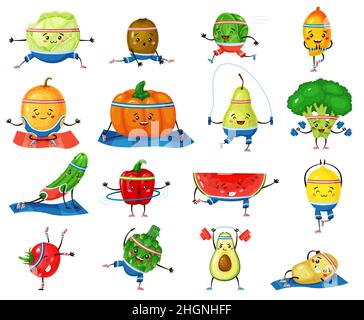 Fruits et légumes en exercice, avocat brocoli et pastèque.Vecteur exercice sain, personnage végétal sourire illustration Illustration de Vecteur