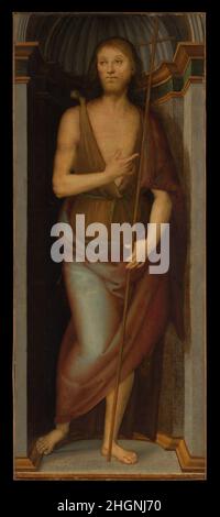 Saint Jean-Baptiste; Saint Lucy Perugino (Pietro di Cristoforo Vannucci) Italien ces deux panneaux proviennent d'un immense retable double face sur le haut autel de l'église de Santissima Annunziata, Florence.Commencé par Filippino Lippi en 1502, il fut achevé après sa mort par Perugino.Le retable avait la forme d’une arche triomphale romaine, avec de grandes scènes flanquées de saints permanents de Perugino, qui sont remarquables par la coloration discrète et le traitement subtil de la lumière.Pour plus d'informations sur ces peintures, y compris une reconstruction de l'retable, visitez metmuseum.org.Saint J Banque D'Images