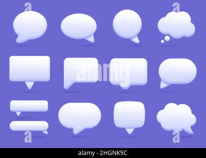3d bulle de discours blanche, icône de message de discussion sur les réseaux sociaux.Bulles de texte vides dans différentes formes, commentaire, jeu de vecteurs de bulle de boîte de dialogue.Des nuages de forme différente ont été pensés comme un rectangle, une ellipse Illustration de Vecteur