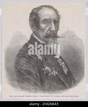 Le regretté Horace Vernet, de 'Illustrated London News' le 31 janvier 1863 après Nadar basé sur une photographie ce portrait gravé en bois d'Horace Vernet est apparu dans 'Illustrated London News' pour illustrer une longue nécrologie, le périodique régulièrement rapporté des nouvelles d'artistes importants.Le texte connexe à la page 126 décrit la carrière éminente de Vernet, soulignant à quel point il avait été considéré par les contemporains artistiques, ainsi que par l'empereur Napoléon III, qui l'avait fait un grand officier de la Légion d'honneur.L'humanité véritable de Vernet est soulignée: «tandis que, en tant qu'artiste, ses œuvres lui donnent droit à une grande sp Banque D'Images