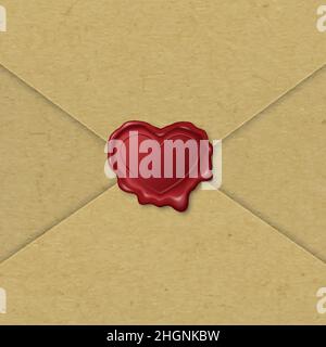 Vector 3D Realistic Heart Shaped Red Stamp, Wax Seal, Brown Paper Envelope Closeup.Cire d'étanchéité, tampon, étiquette pour certificat de qualité, document Illustration de Vecteur