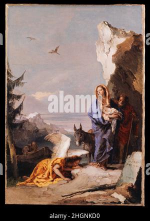 Le vol vers l'Égypte ca.1767–70 Giovanni Battista Tiepolo peint vers la fin de la vie de Tiepolo, quand il était à Madrid travaillant pour le roi, cette image hantante montre la Sainte famille et leur âne.Ils viennent tout juste de débarquent d'un bateau qui les a fait traverser le Nil (sa topographie imaginaire est apparemment inspirée autant par les Alpes que par l'Egypte).Un ange gardien se prostriste, tandis que le boatman claque ses mains dans l'adoration.La peinture, avec son utilisation audacieuse de l'espace vide et sa composition diagonale plongeante, est une dans une série.C'est un canevas fini, pas un croquis à l'huile Banque D'Images