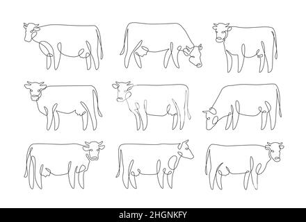 Ensemble de dessins continus sur une ligne d'une vache.Animaux de ferme en ligne Illustration de Vecteur