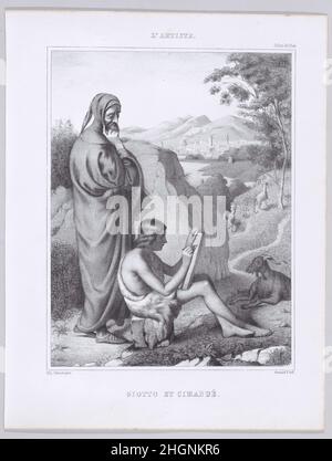 Giotto et Cimabue, de 'l'artiste' 7 juillet 1844 Armand Vastine cette impression représente un sujet très populaire exposé au salon français en 1840s.La critique Arsène Houssaye, rédactrice en chef de 'l'artiste', a écrit que chaque année, on pouvait s'attendre à une demi-douzaine de photos de Giotto et de Cimabue.Le récit de ces œuvres est dérivé du récit du XVIe siècle de Giorgio Vasari sur la réunion de ces deux maîtres de la fin du Moyen âge.Au salon de 1844, Houssaye a cité quatre exemples, soulignant que le Hennet, reproduit dans cette lithographie, était le plus distingué.Hennet était un stu Banque D'Images